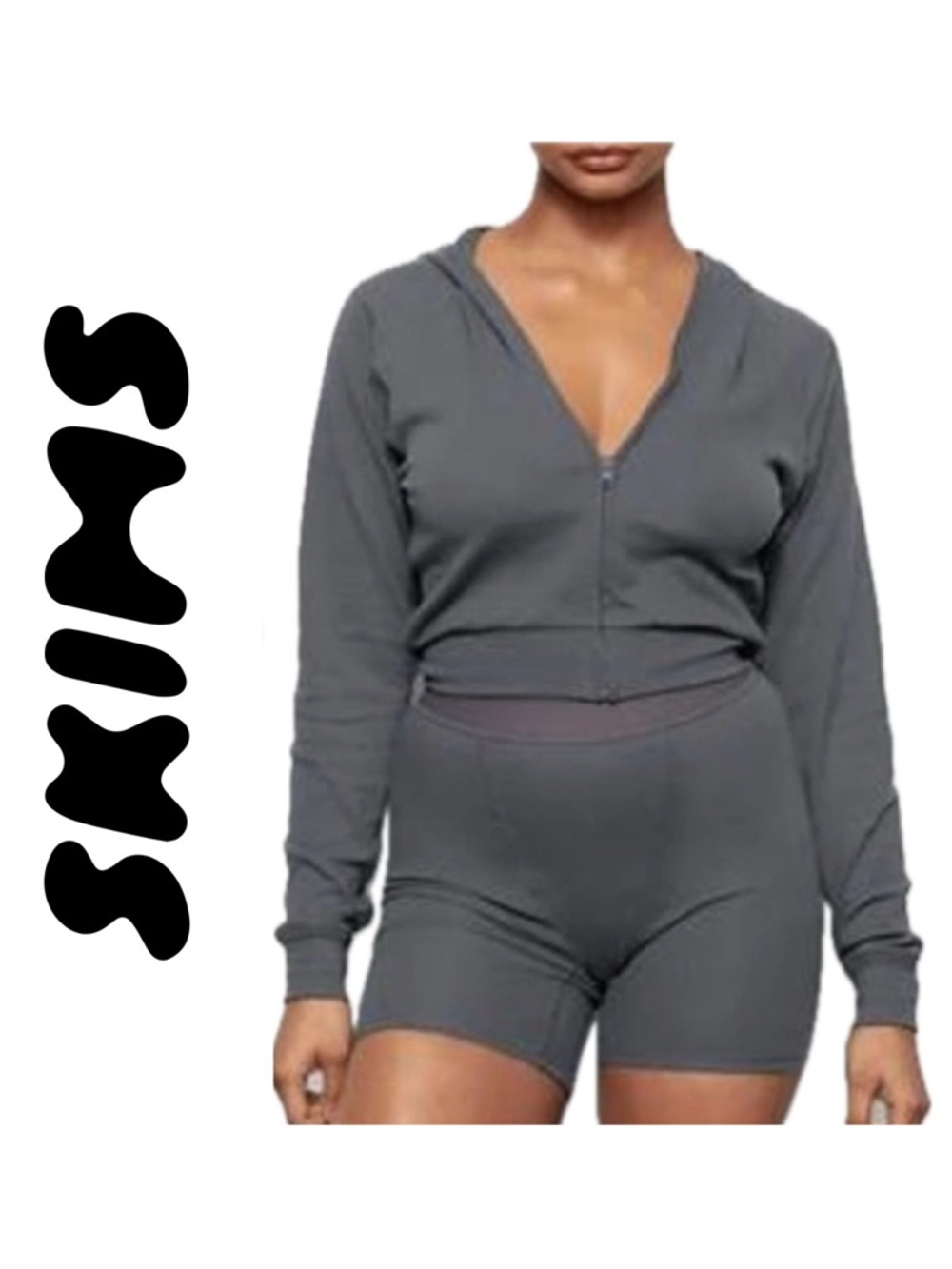 SKIMS Logo Pointelle Knit Y2K Zip Up All-Over Tonal Embossed Print Hoodie Slate